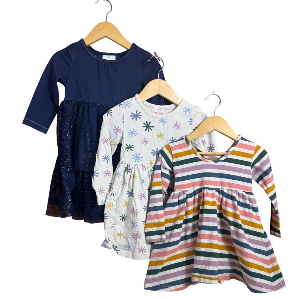 Hanna Andersson Primary Girls 3T Dress Bundle Long Sleeve Cotton Stripe Star 3pc